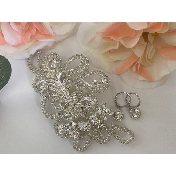 Vtg Bridal Hair Piece Brooch and Earring Set Silver Filigree Rhinestones‎ 4.5\